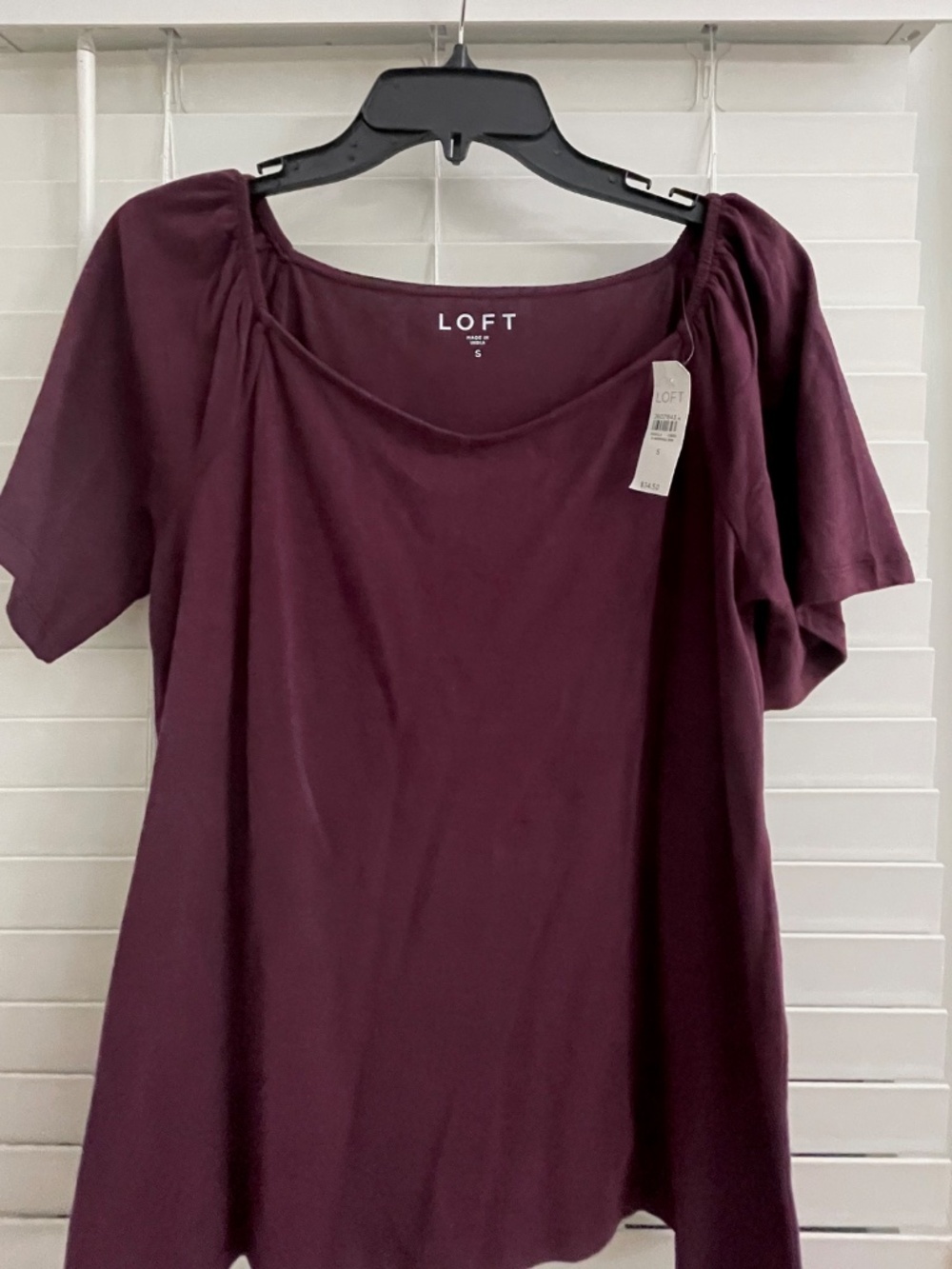 LOFT Plum Top with Gathered Shoulders, Size Small, Longer length sleeve. NWT